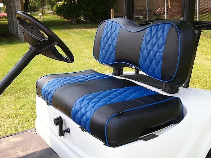 Huskey 2PCS Golf Cart Front Seat Covers for EZGO Medalist/TXT 94-13 Custom Two-Tone Black/Blue Diamond Stitching with Blue Piping, Marine Grade Vinyl Material, Staple on Design
