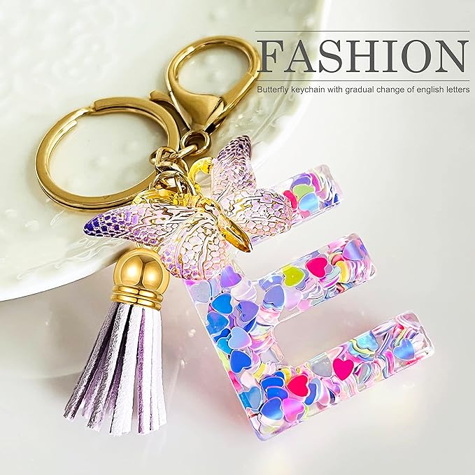 JINGUAZI Initial letter Keychains for Women Tassel Butterfly Pink Purple Cute Car Keychain for Wallet Backpack bag charm