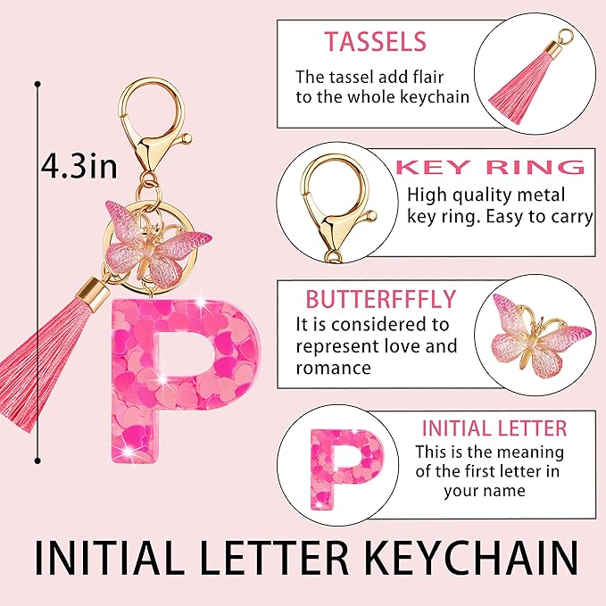 Suweibuke Colourful Cute Initial Letter Keychains for Women Girls with Tassel Butterfly, Charm for Purse Handbags Backpacks