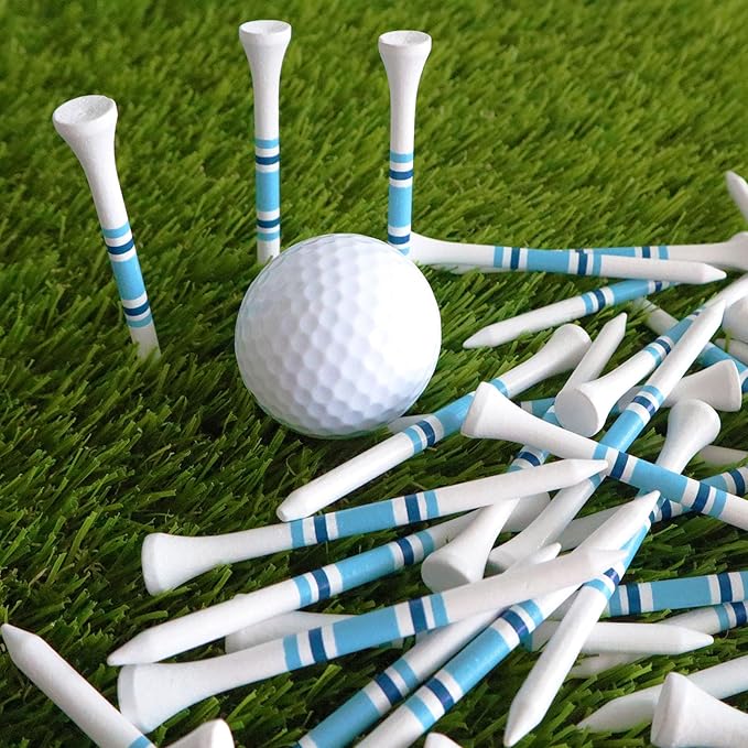 FINGER TEN Golf Tees Wood 3 1/4 2 3/4 Inch Value 50/120 Count, Durable Tees with Bright Colored Stripes for Consistent Height, 70mm 83mm Long Tees Ideal for Golfers