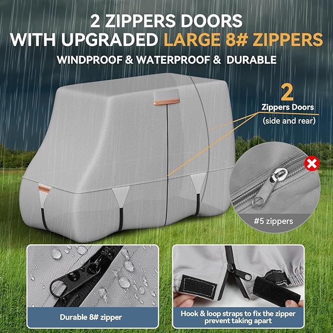 Tuszom 100% Waterproof 1200D Solution-Dyed Golf Cart Cover Universal Fit Yamaha,Honda,Club Car,EZGO and Most Brand Golf Cart for 2/2+2/4/4+2/6 Seats with Zipper Door,Storage Bag