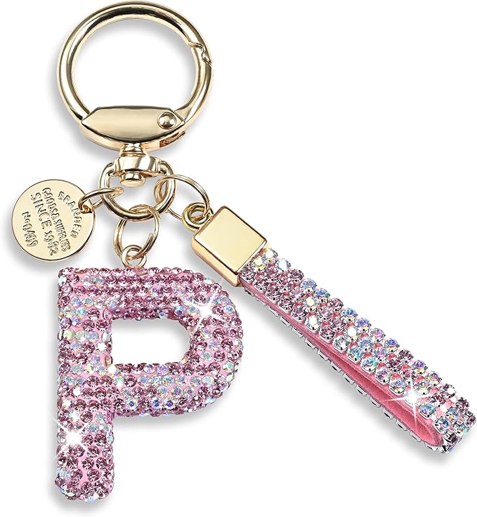 Pink Blue White Initial Letter Keychain Gift for Women Girls Bling Sparkly Cute Backpack Car Key Accessories Lanyard