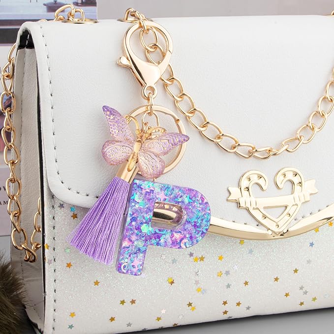Suweibuke Colourful Cute Initial Letter Keychains for Women Girls with Tassel Butterfly, Charm for Purse Handbags Backpacks