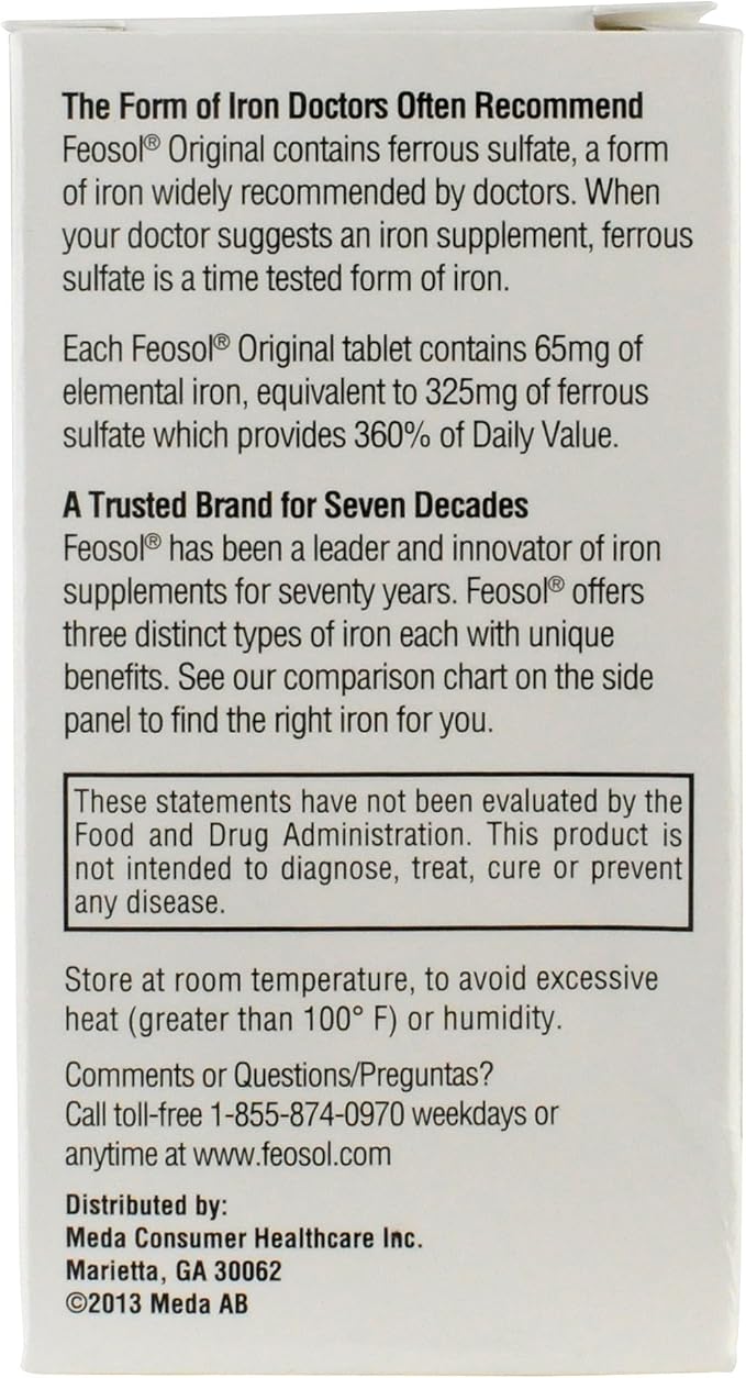 Feosol Original Iron Supplement Tablets, Non-heme, 325mg Ferrous Sulfate (65mg Elemental Iron) per Iron Pill, 1 Per Day, 120ct, 4 Month Supply, for Energy and Immune System Support, Made in USA