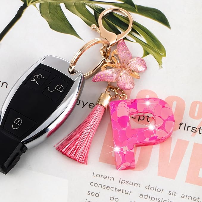 Suweibuke Colourful Cute Initial Letter Keychains for Women Girls with Tassel Butterfly, Charm for Purse Handbags Backpacks