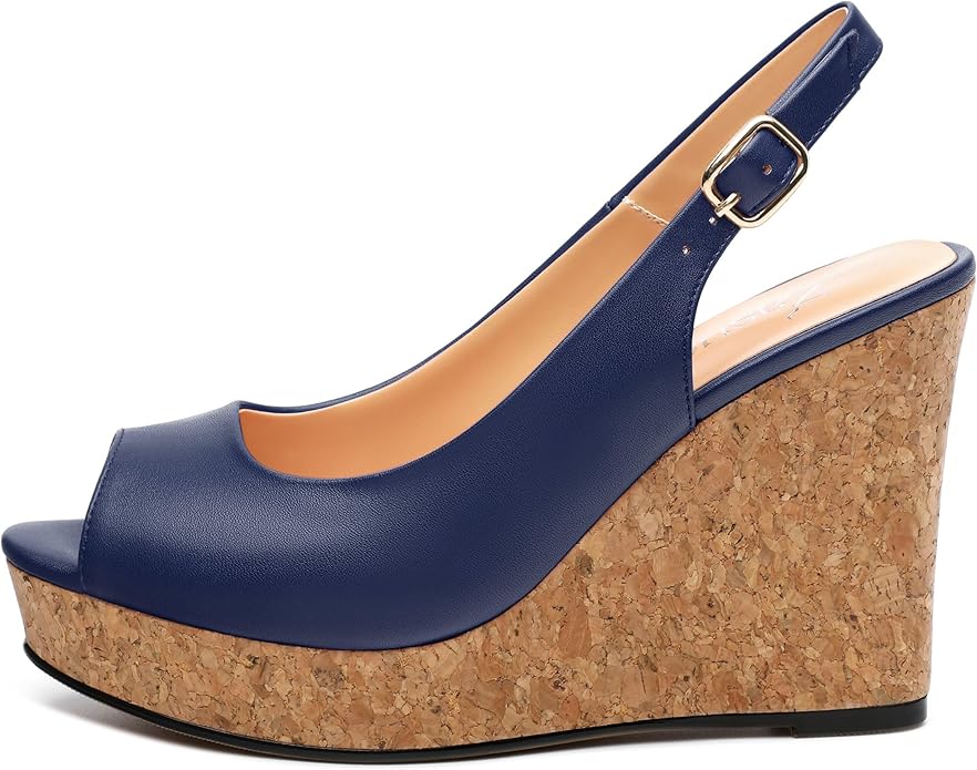 Womens Peep Toe Wedge Heels Matte Fashion Cork Slingback Pumps Platform Wedge Sandals 3.94 Inches