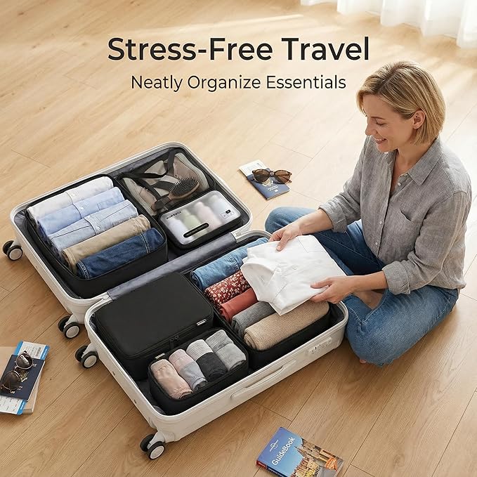 6 Set Compression Packing Cubes for Travel, Large Medium Small Luggage Organizers, Storage Bags for Clothes and Essentials (6 Pack, Jet Black)