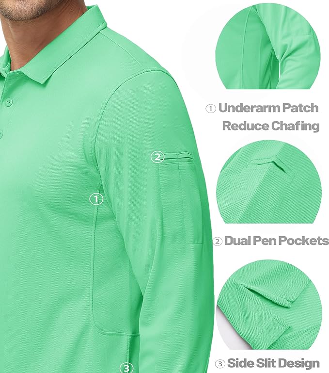 MAGCOMSEN Men's Polo Shirts 3 Button Quick Dry Performance Long Sleeve Tactical Shirts Pique Jersey Golf Shirt