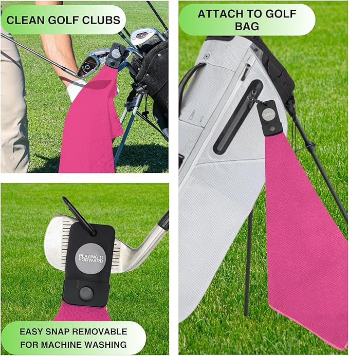 Magnetic Golf Towels for Golf Bags with Clip & Ultra Strong Magnet - Waffle Weave Microfiber Towel for Secure Hold on Bags & Carts - Ideal Club Cleaner & Accessories - Pink