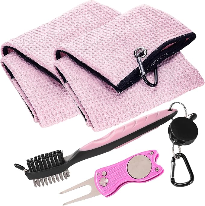 Aulock Golf Towel and Brush Set, Microfiber Towels for Golf Bags, Women Cleaning Kit with Ball Marker Golf Divot Tool Brush, Pink