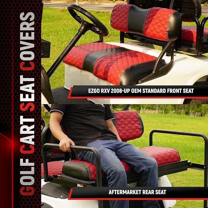 Golf Cart Front and Rear Seat Covers Waterproof and Sun Resistant Marine Grade Vinyl Leather Seat Cover Accessories for EZGO RXV 2008+, Deep Red(4PCS)