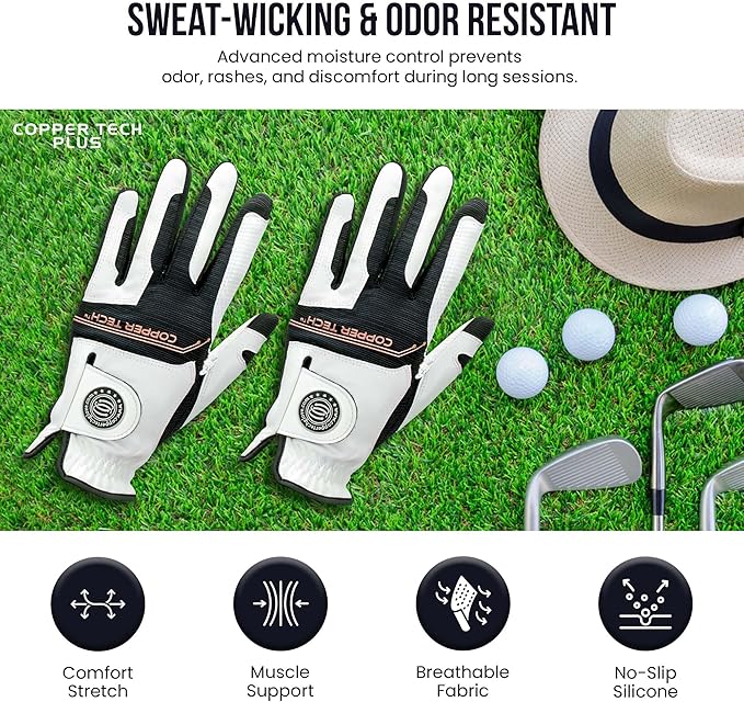 Copper Infused Golf Glove for Men – White/Black – 2 Pack – Compression Fit, Arthritis Relief, Non-Slip Grip – USGA Approved