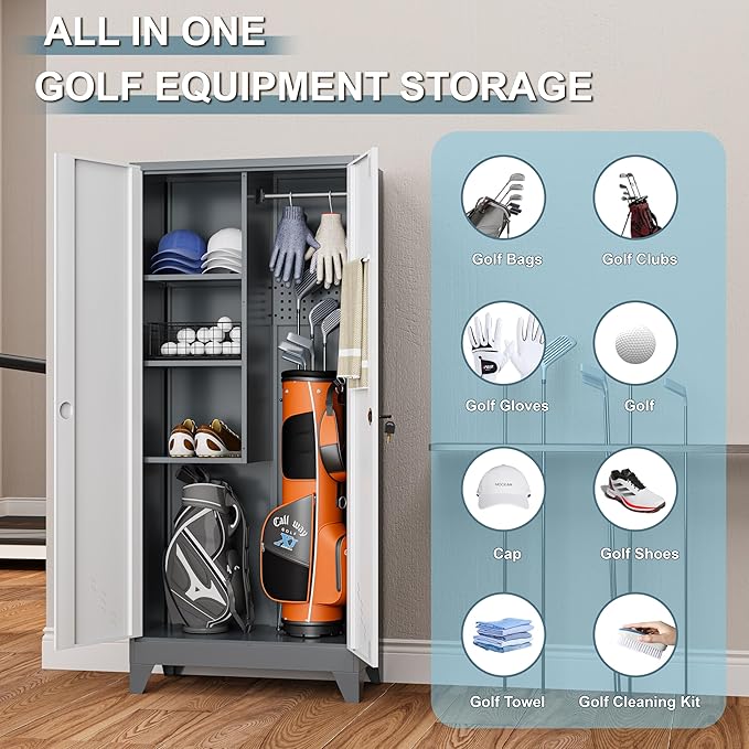 Metal Golf Bag Storage Cabinet, Golf Storage Organizer for Garage, Golf Bag Stand Rack with Locking Doors, Golf Club Organizer for Bag, Shoes, Golfing Accessories, Sports Equipment
