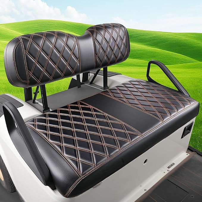 Drive-up Golf Cart Seat Covers, Diamond Leather EZGO TXT Seat Covers, Black PVC EZGO Front Seat Covers with Brown Stitching, Anti-Scratch and Stain-Resistant