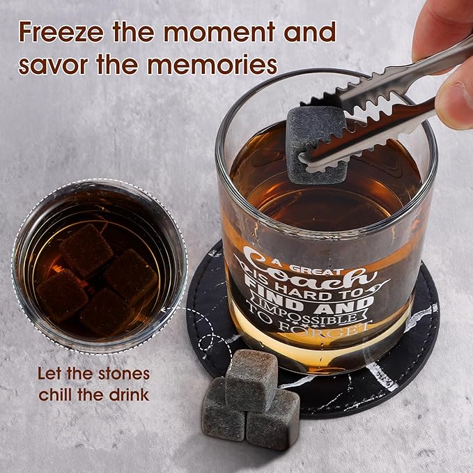 Whiskey Glass Gifts for Coaches, Best Coach Gift for Men, Thank You Gifts for Coaches with 12oz Whiskey Glasses, Stones, Coaster, Wooden Box for Baseball, Softball, Soccer, Basketball Coach