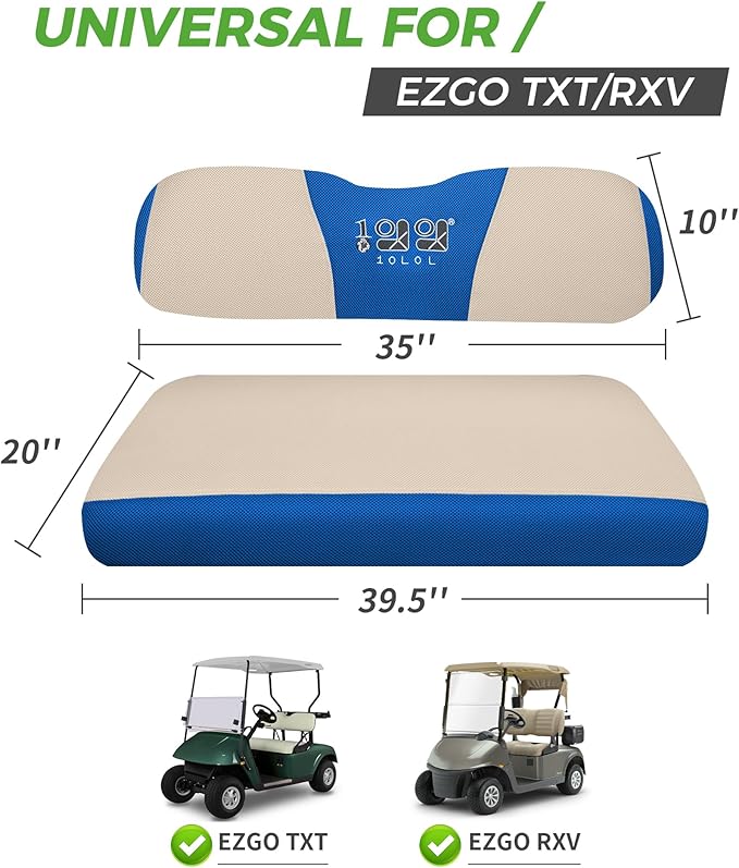 10L0L Golf Cart Seat Covers Kit - Universal Fit for EZGO TXT/RXV Front Seats | Breathable Mesh Fabric | Easy Installation | Beige & Blue (No Staples Required)