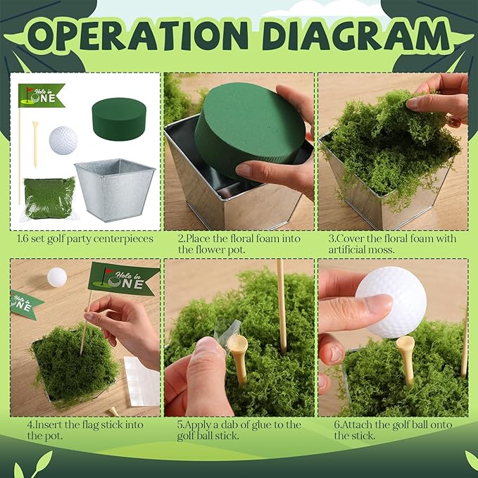 6 Set Golf Party Table Decorations Kit Party Supplies Includes Mini Golf Iron Bucket White Artificial Moss Lawn Flag Centerpiece Wooden Peg for Birthday Sport Themed Desk Rugby Favor (Square)