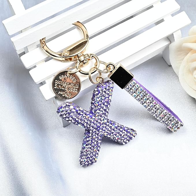 Pink Blue White Initial Letter Keychain Gift for Women Girls Bling Sparkly Cute Backpack Car Key Accessories Lanyard