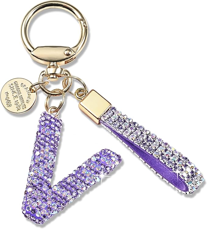 Pink Blue White Initial Letter Keychain Gift for Women Girls Bling Sparkly Cute Backpack Car Key Accessories Lanyard