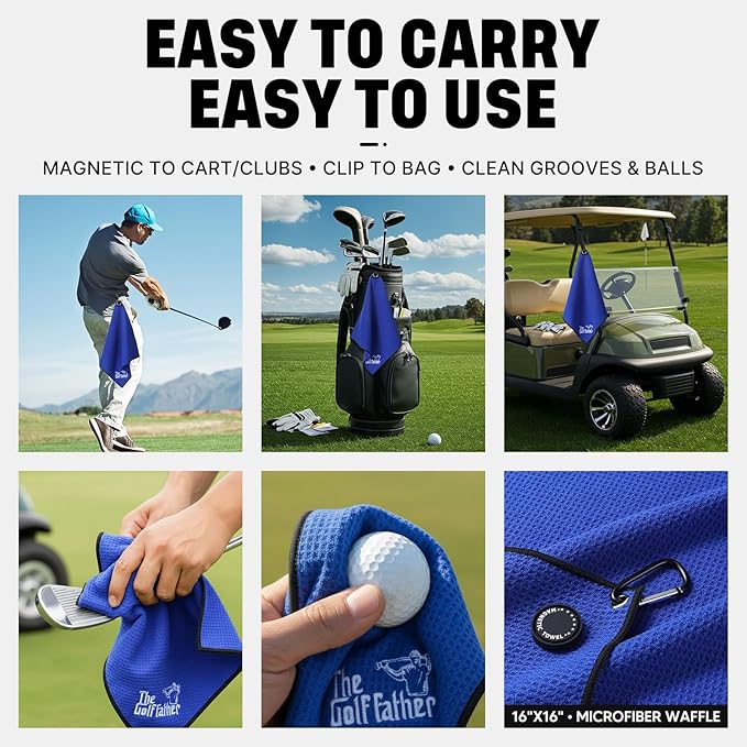 She's Pink Magnetic Golf Towel with Clip, 16"x16" Microfiber Waffle Weave, Quick-Dry Lint-Free Club & Ball Cleaning Cloth, Strong Magnet for Cart/Clubs, Blue, 1 Pack