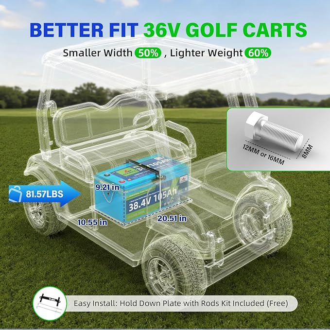 O'CELL 36V 105Ah LiFePO4 Golf Cart Battery+Mounting Bracket, 10+ Year Lifespan, 38.4V 4032Wh Lithium with 200A BMS, 4.9'' LCD/Bluetooth, 36V 25A Charger IP67 - Fit Club Car, EZ GO, Yamaha, Lawn Mower