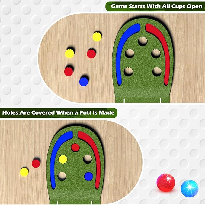 Upgraded Golf Putting Mat for Kids, Putting Green with LED Light up Holes, Glowing Balls, 2 Clubs, Toy Golf Set, Golfing Mats Indoor Outdoor, Sport Game Golf Gift for for Kids Teens Family