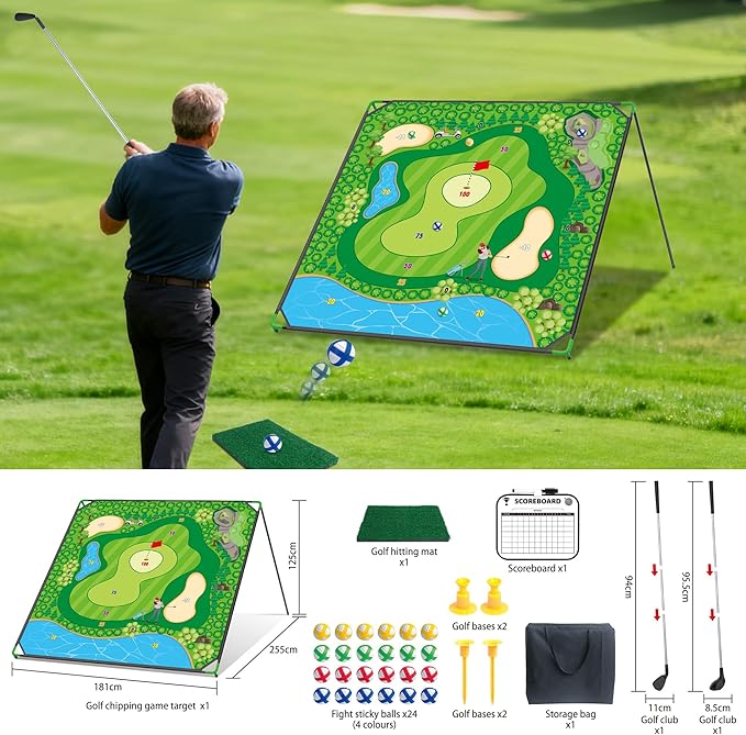 Golf Chipping Game Set, 71 x 71 in Large Golf Practice Mat with 2 Adjustable Clubs, 24 Sticky Balls, Portable Indoor Outdoor Golf Training Set, Perfect Backyard Golf Game Gift for