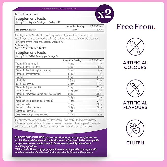 Active Iron Supplement 25mg + Multivitamin for Women – Clinically Proven to Increase Energy & Reduce Tiredness – Gentle, Non-Constipating Iron + Women’s Multivitamin – 60 Capsules + 60 Tablets