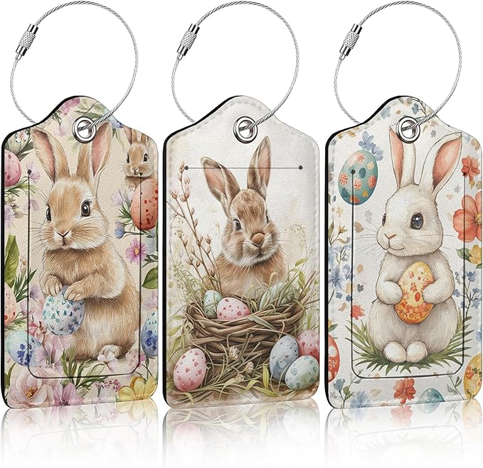 3 Pack Easter Bunny Eggs Luggage Tags for Suitcase Flowers PU Leather Travel Luggage Tag Privacy Cover ID Label for Women Men Baggage Backpack Handbag School Bag