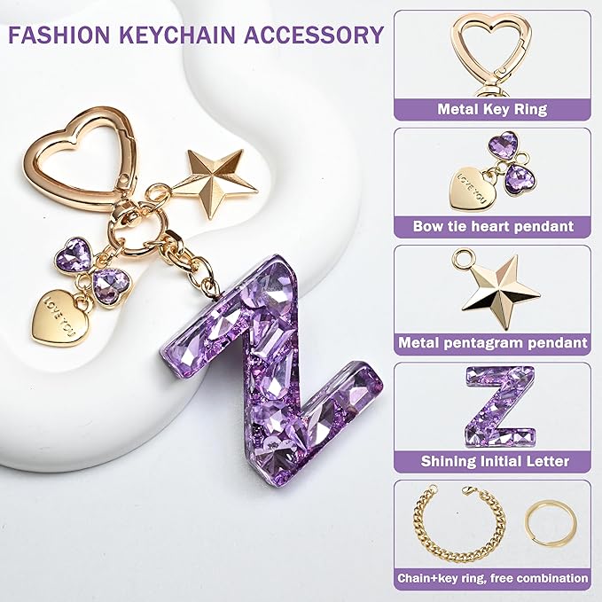 Cute Bling Keychain initial Letter Butterfly Star Pink Purple Gift for Women Girls Bag Cup Charms Accessories