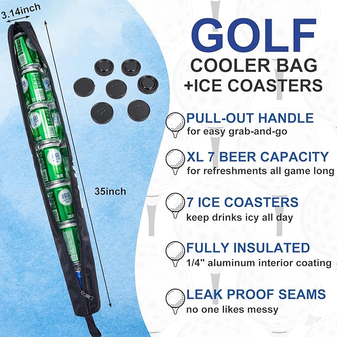 Golf Beer Sleeve with 7 Ice Pucks, Insulated Golf Bag Cooler Holds 7 Cans, Leak-Proof Zipper Sling Beer Sleeves Unique Golf Accessories Golfing Gifts for Men