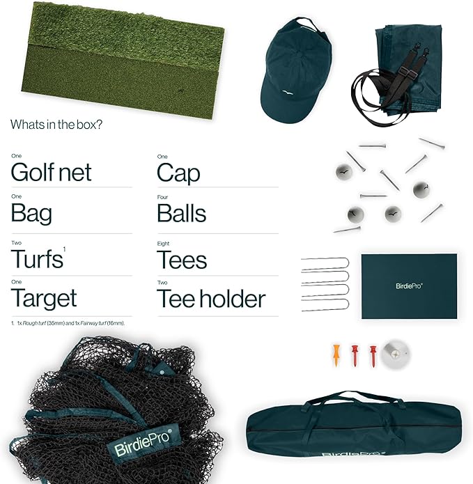BirdiePro® - American Pro Golf Practice Net, 10x7ft Heavy Duty Golf Hitting Net with EchoShield™ Target & FlexWeave™ Net, Indoor Outdoor Training Backyard, Full Set with Mat, Balls & Cap
