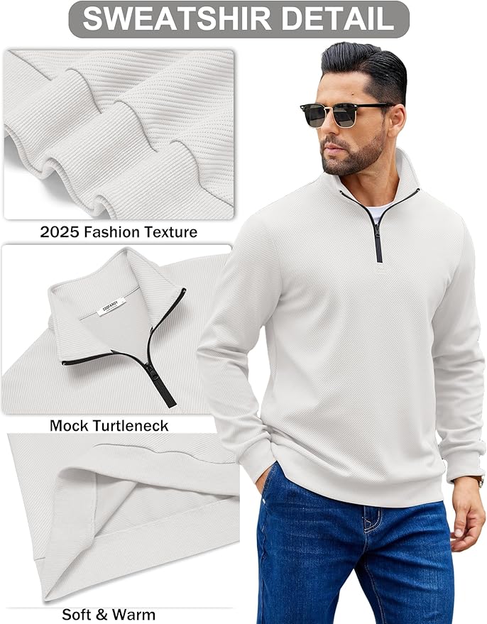COOFANDY Mens Quarter Zip Pullover Sweatshirts Lightweight Long Sleeve Mock Neck Sweater Polo