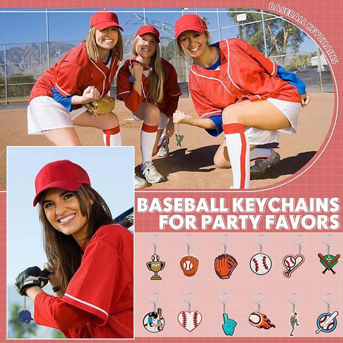 Batiyeer 72 Pack Baseball Keychains Bulk Party Favors Sports Ball Key Chains Funny Keyring Gifts for Women Men Birthday Supplies