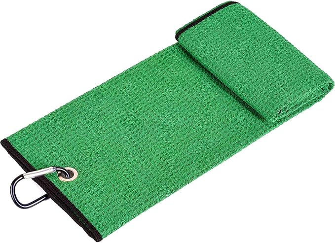 VIVIDLY 2 Pack Tri-fold Golf Towels, Premium Microfiber Fabric Waffle Pattern with Black Heavy Duty Carabiner Clip, Green Golf Towels for Golf Bags for Men (Green)