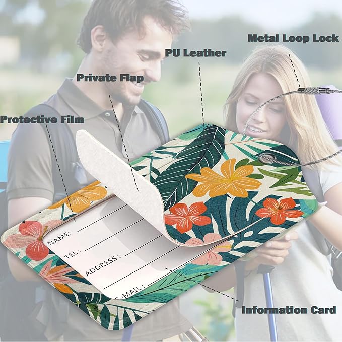 3 Pack PU Leahter Luggage Tag with Stainless Steel Loop,Tropical Flowers Travel Suitcase Labels with Privacy Cover ID Label Quickly Spot for Bags