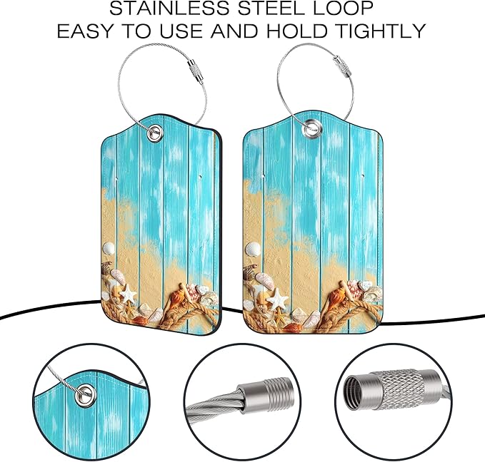 2 Pack Luggage Tags for Suitcase,Seashells on Wood PU Leather Luggage Tags with Privacy Cover Name Address Labels and Steel Ring,Creative Travel Accessories for Men and Women