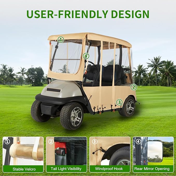 Tecoom Golf Cart Enclosure 2/4/6 Passenger, Golf Rain Cover 600D Waterproof Snowproof, Door Zippers, Clear Windows and Windproof Hooks, Universal Fit for EZGO, Yamaha, Club Car