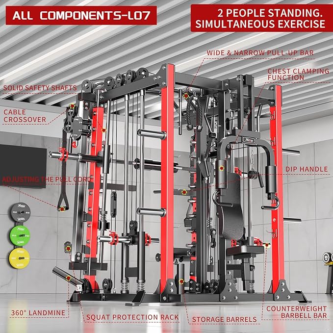 Smith Machine，Multi-Function Squat Rack Power Cage with Cable Crossover System,with Optional Weight Bench, Olympic Barbell Weight Set, for Home Gym