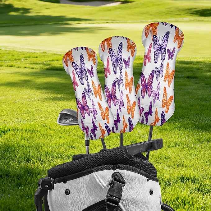 Funny Butterfly Colorful Golf Head Covers for Driver, Fairway, Hybrid & 3 Wood Premium PU Leather with Soft Velvet Lining Waterproof & Scratch-Resistant Unique Golf Gift for Men & Women
