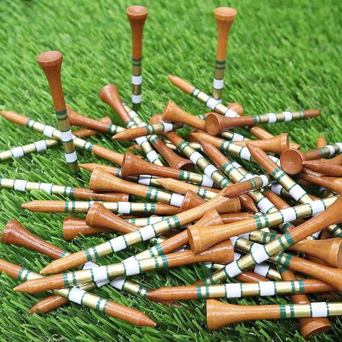 FINGER TEN Golf Tees Wood 3 1/4 2 3/4 Inch Value 50/120 Count, Durable Tees with Bright Colored Stripes for Consistent Height, 70mm 83mm Long Tees Ideal for Golfers