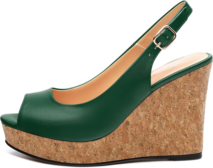 Womens Peep Toe Wedge Heels Matte Fashion Cork Slingback Pumps Platform Wedge Sandals 3.94 Inches