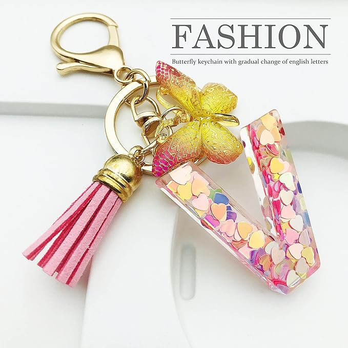 JINGUAZI Initial letter Keychains for Women Tassel Butterfly Pink Purple Cute Car Keychain for Wallet Backpack bag charm