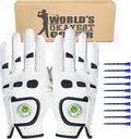 Golf Gloves Men Leather Value 1 Pair with 2 Ball Marker 10 Golf Plastic Tees, Men's Golf Gloves All Weather Grip Soft Comfortable Set for Left Right Handed Golfer