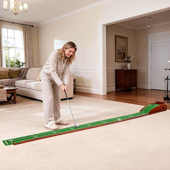 Putting Green Indoor with Automatic Ball Return – Golf Putting Mat with Putter Holder, 2 Golf Balls, Marking Tool & Storage – Portable Golf Training Aid & Gift for Men Home Office