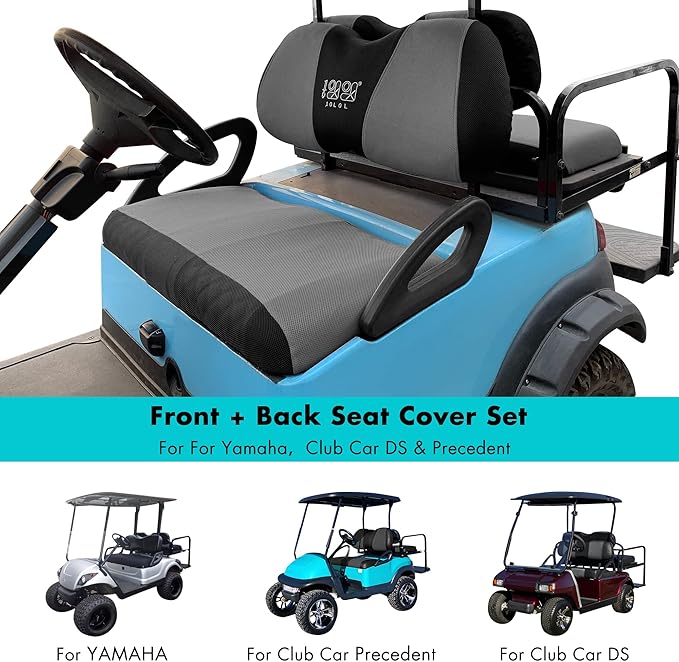 10L0L Golf Cart Front and Rear Seat Cover Set for Club Car Precedent/Onward/Tempo & Yamaha G29 Drive/Drive 2,Stylish 4 Passenger Front Back Seat Covers,Breathable Washable Polyester Mesh (Black/Grey)