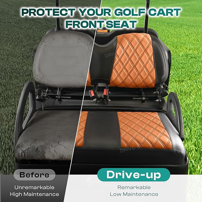 Drive-up Golf Cart Seat Covers, Brown Diamond Golf Cart Front Seat Covers Fits for Club Car Precedent Golf Carts, Black Stitching Seat and Backrest Covers, Anti-Scratch and Waterproof