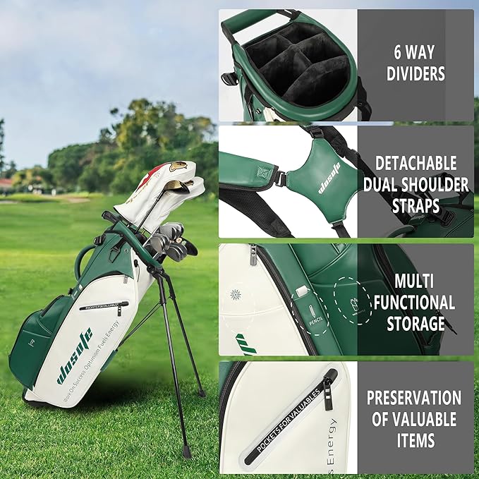Lightweight 14-Way Golf Stand Bag, PU Leather Golf Bag Waterproof Men Women Full Length Top Dividers, Multiple 8 Pockets Cooler Pouch Adjustable Detachable Shoulder Dual Straps Rain Cover Hood