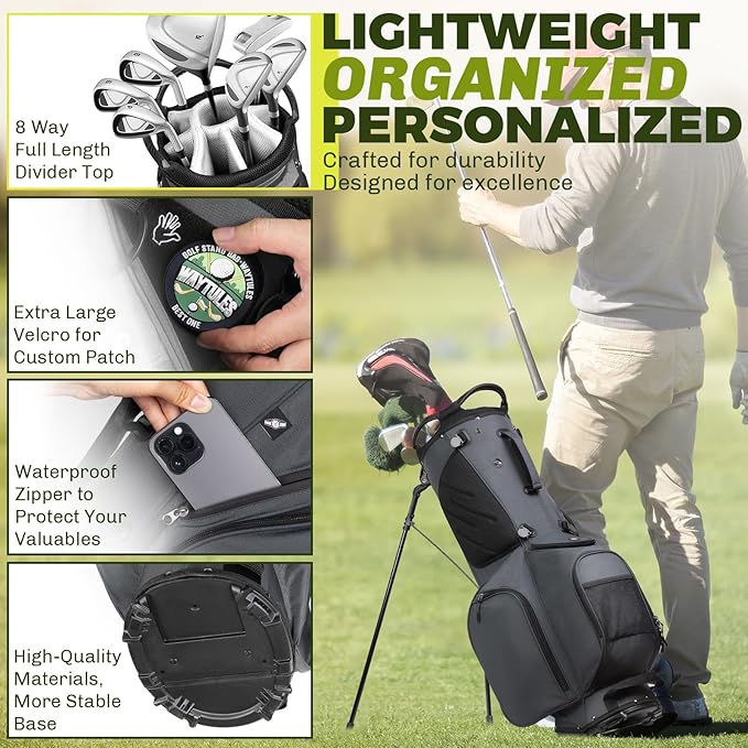 8-Way Golf Stand Bag, Lightweight Golf Bag with Dual Strap & Full-Length Dividers, Portable Golf Club Carry Bag with Multiple Pockets, Waterproof Rain Hood for Men Women
