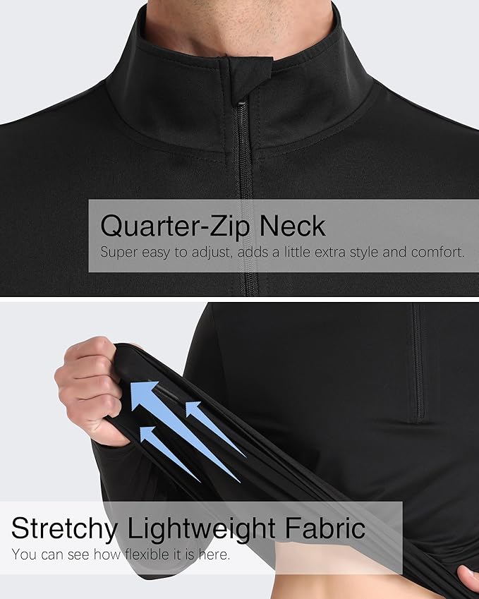 Mens Long Sleeve Shirts Quarter Zip Pullover UPF 50+ Sun Protection Wicking Moisture Workout Running Casual Athletic Tops
